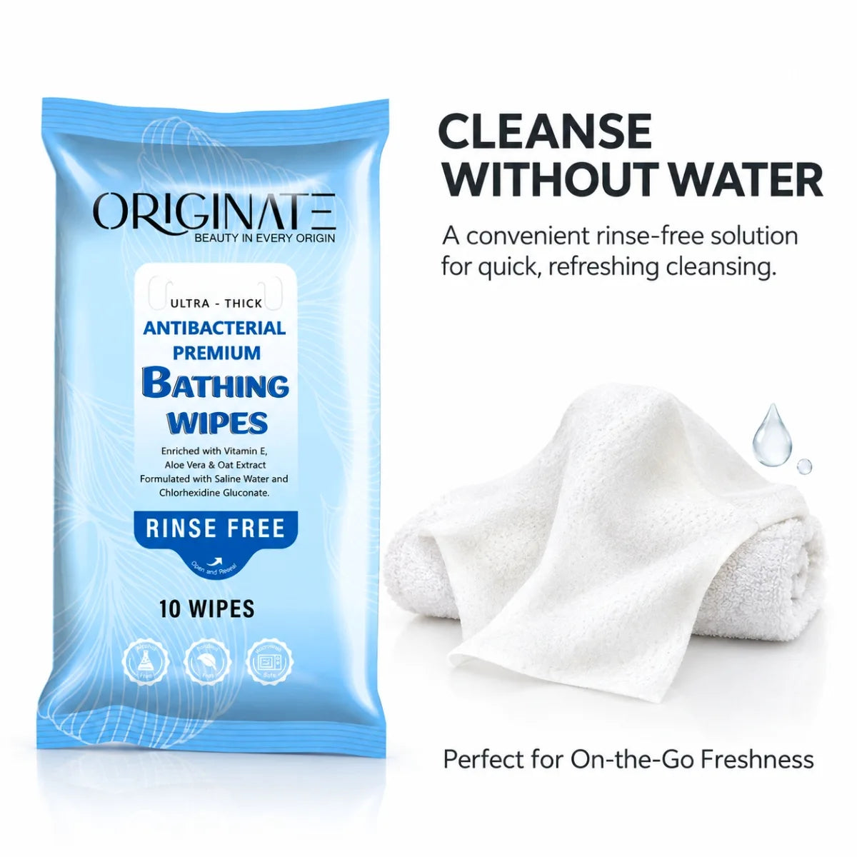 Originate Bed Bath Wipes for Adults | Soft & Gentle Waterless Body Cleansing Solution - Bathing Wipes