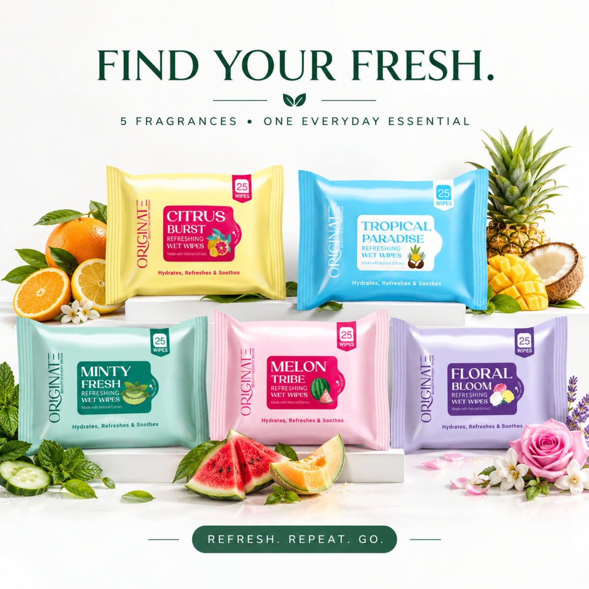 Refreshing Face Wipes - Pack of all 5 variants (Melon, Minty Fresh, Tropical Paradise, Floral Bloom, and  Citrus Burst)