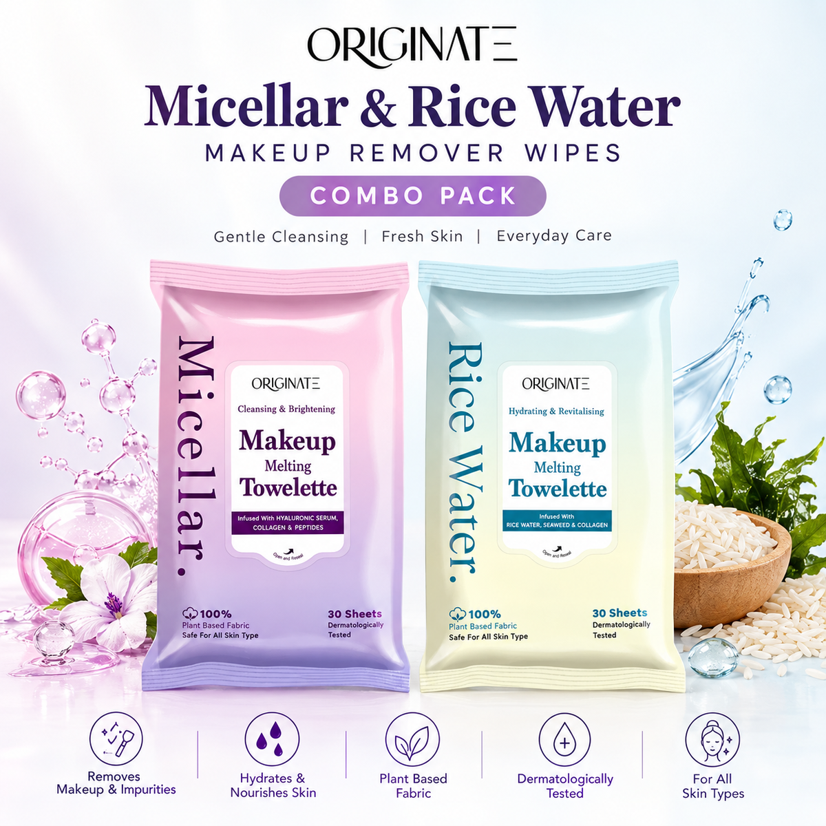 Micellar & Rice Water Makeup Remover Wipes Combo for Skin Brightening, Cleansing & Hydration
