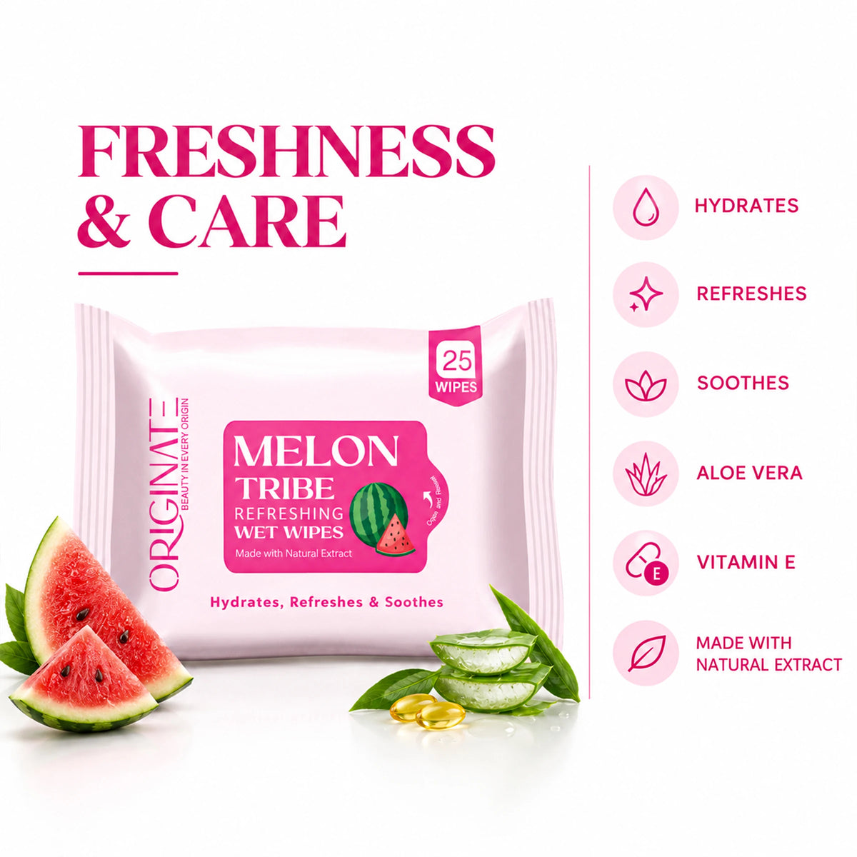 Originate Melon Tribe Refreshing Face Wipes - Facial Cleansing & Makeup Remover Wet Wipes