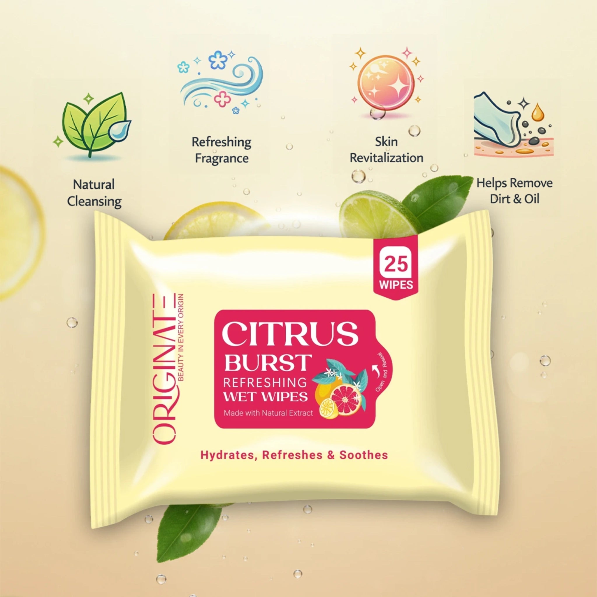 Originate Citrus Burst Refreshing Wipes – Instant Freshness Facial Wipes