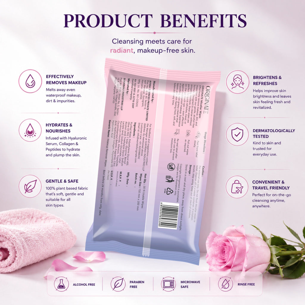 Micellar Makeup Remover Wipes India — Hyaluronic Acid & Collagen | Originate
