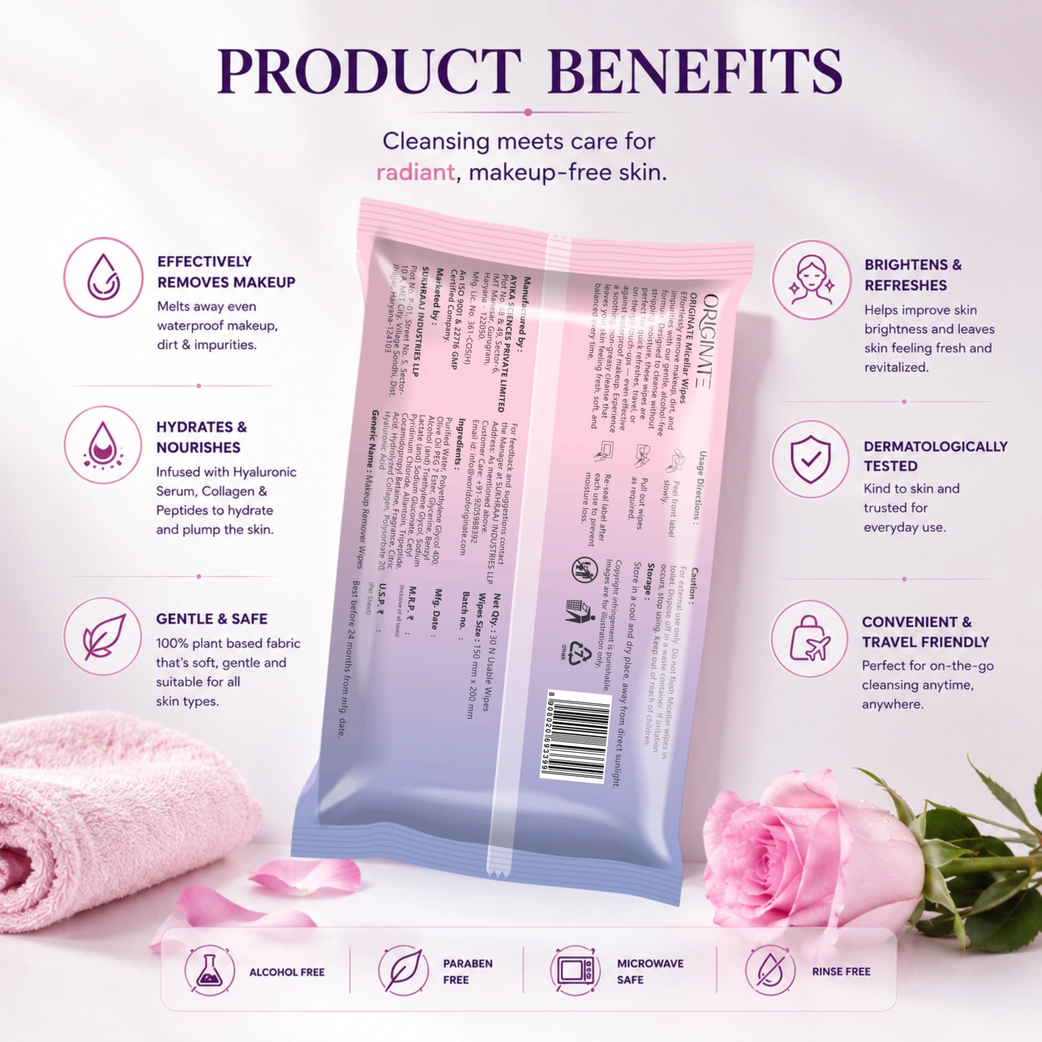 Micellar Makeup Remover Wipes India — Hyaluronic Acid & Collagen | Originate