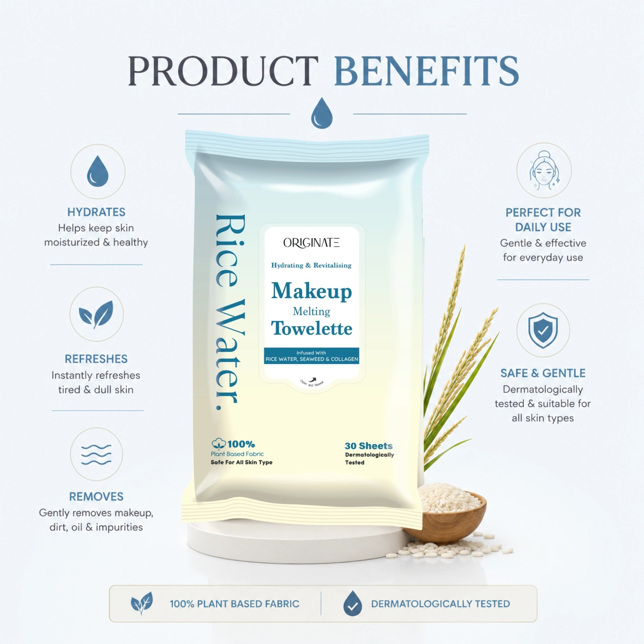 Rice Water Facial Wipes India — Brightening & Makeup Remover | Originate