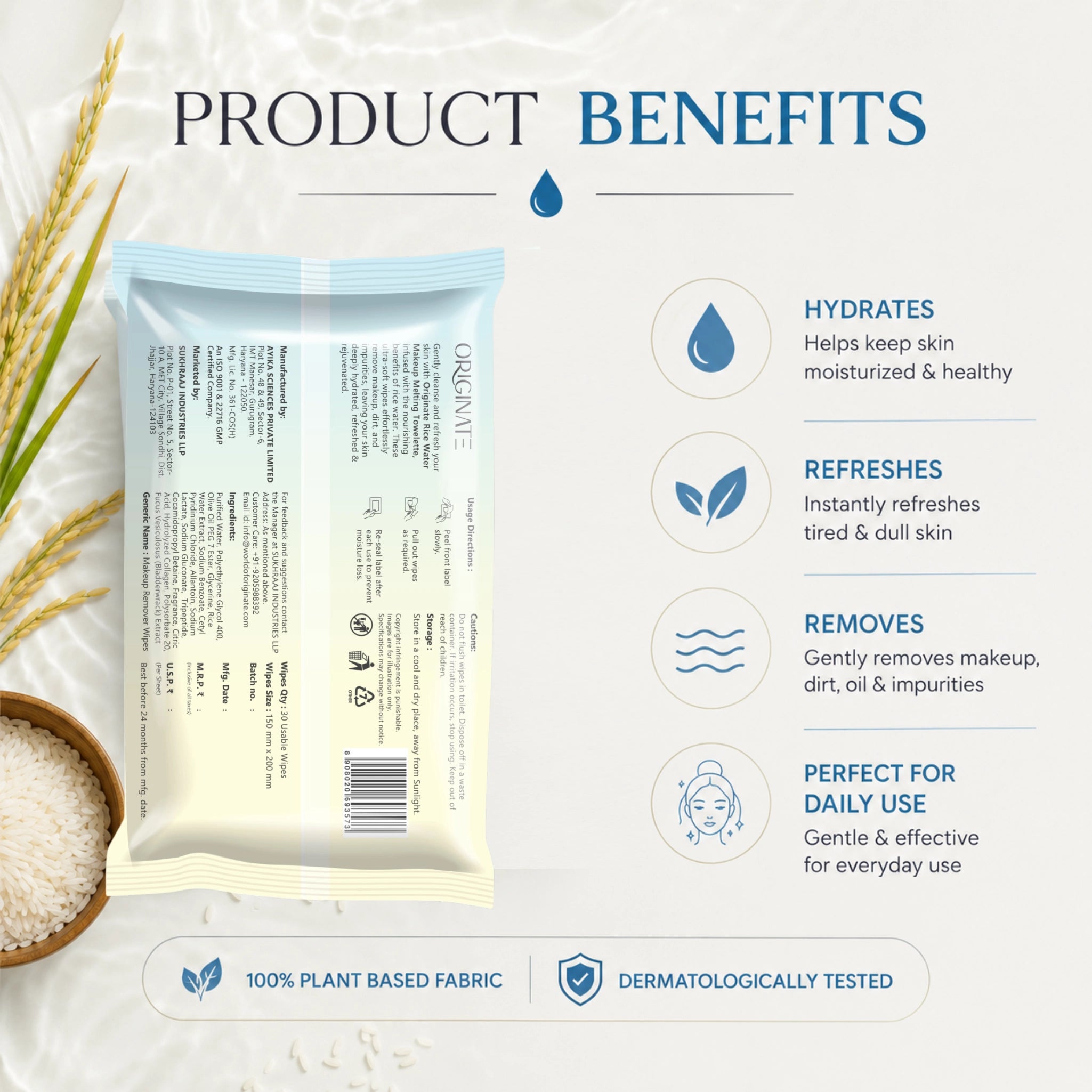Rice Water Facial Wipes India — Brightening & Makeup Remover | Originate