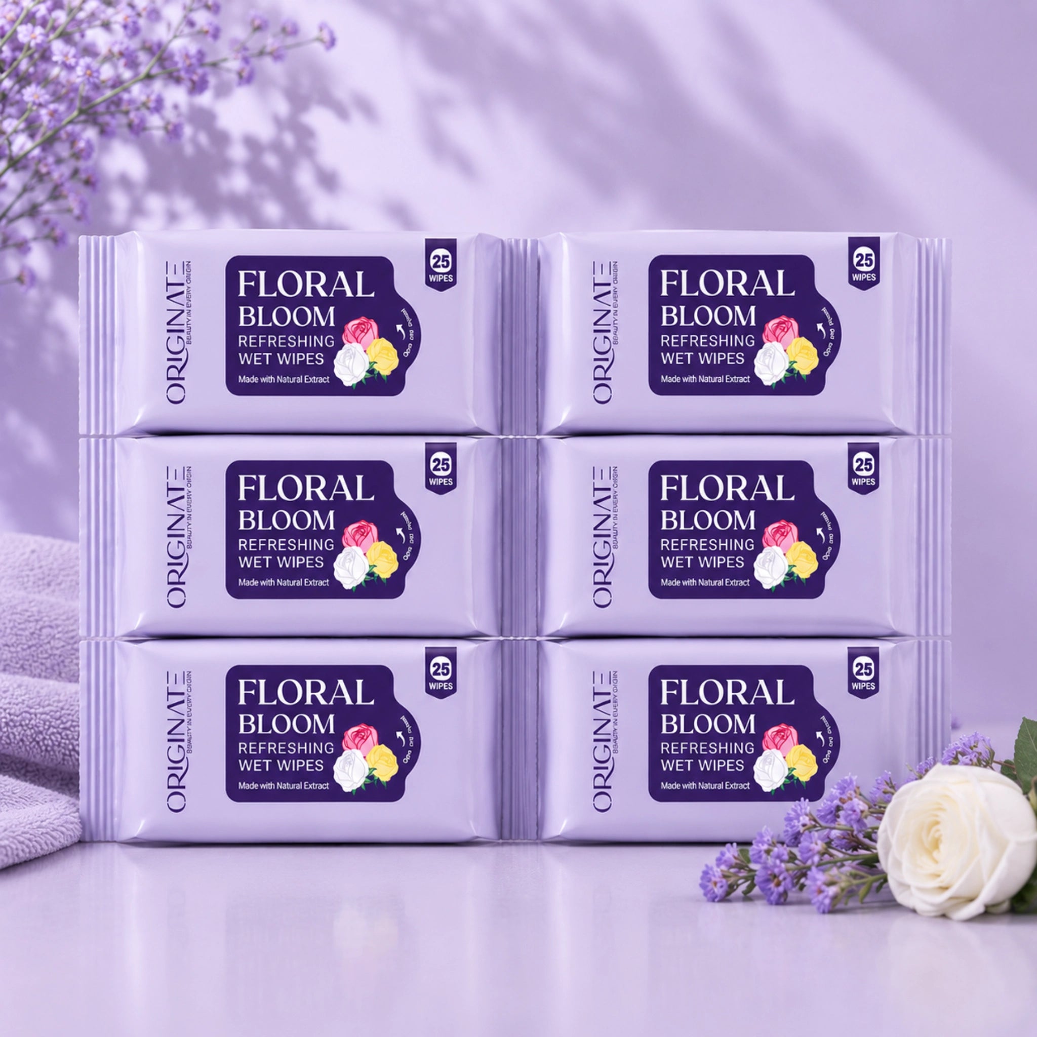 Originate Floral Bloom Refreshing Wipes – Gentle Floral Facial Wipes Pack of 6