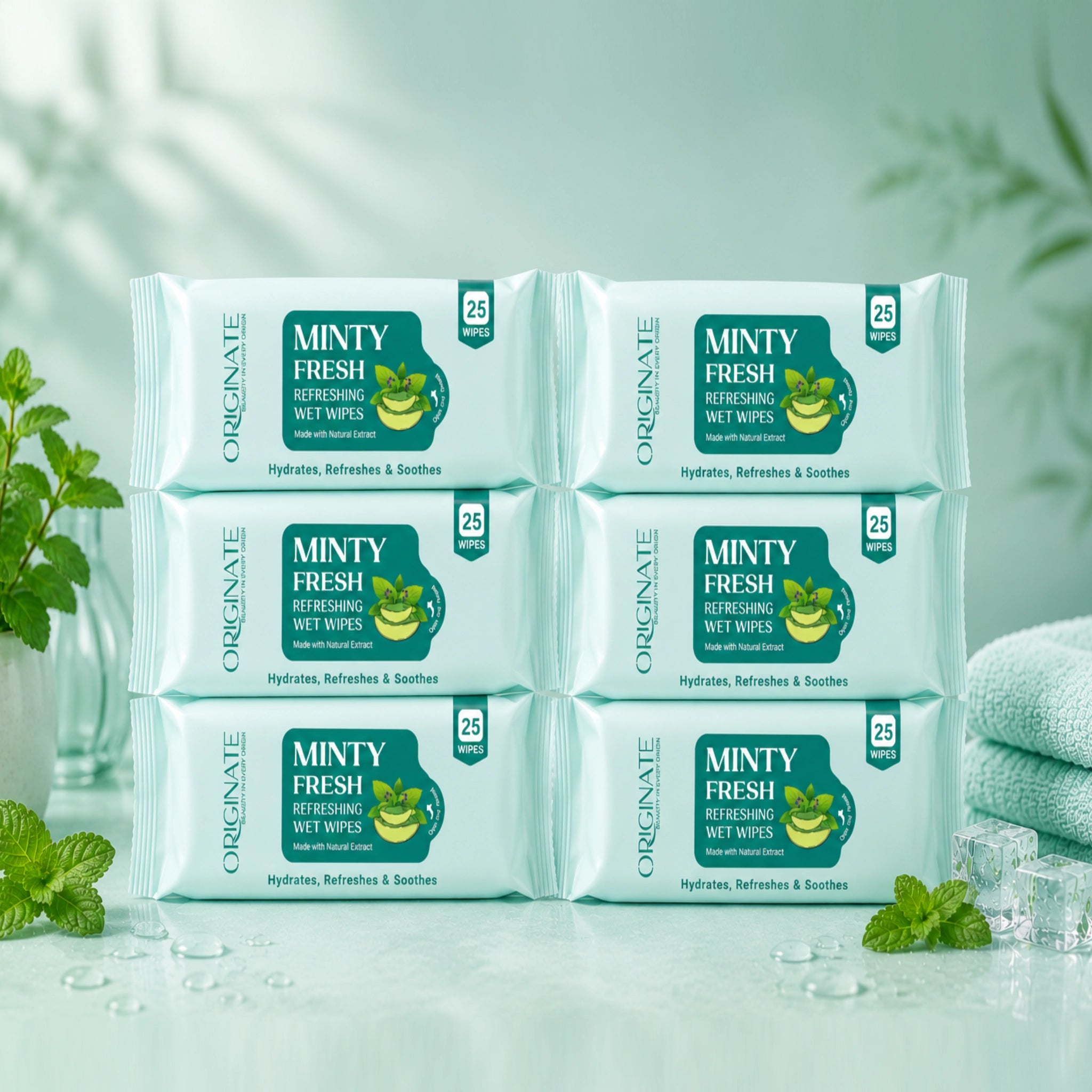 Originate Mint Cooling Facial Wipes Pack of 6