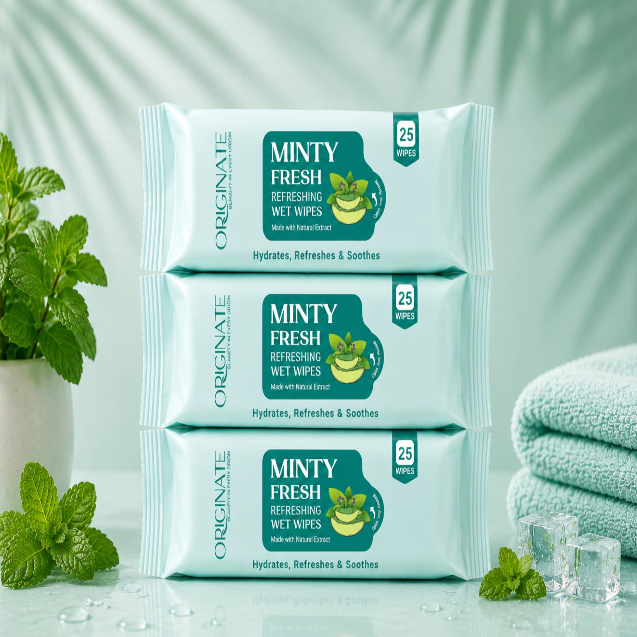 Originate Mint Cooling Facial Wipes Pack of 3