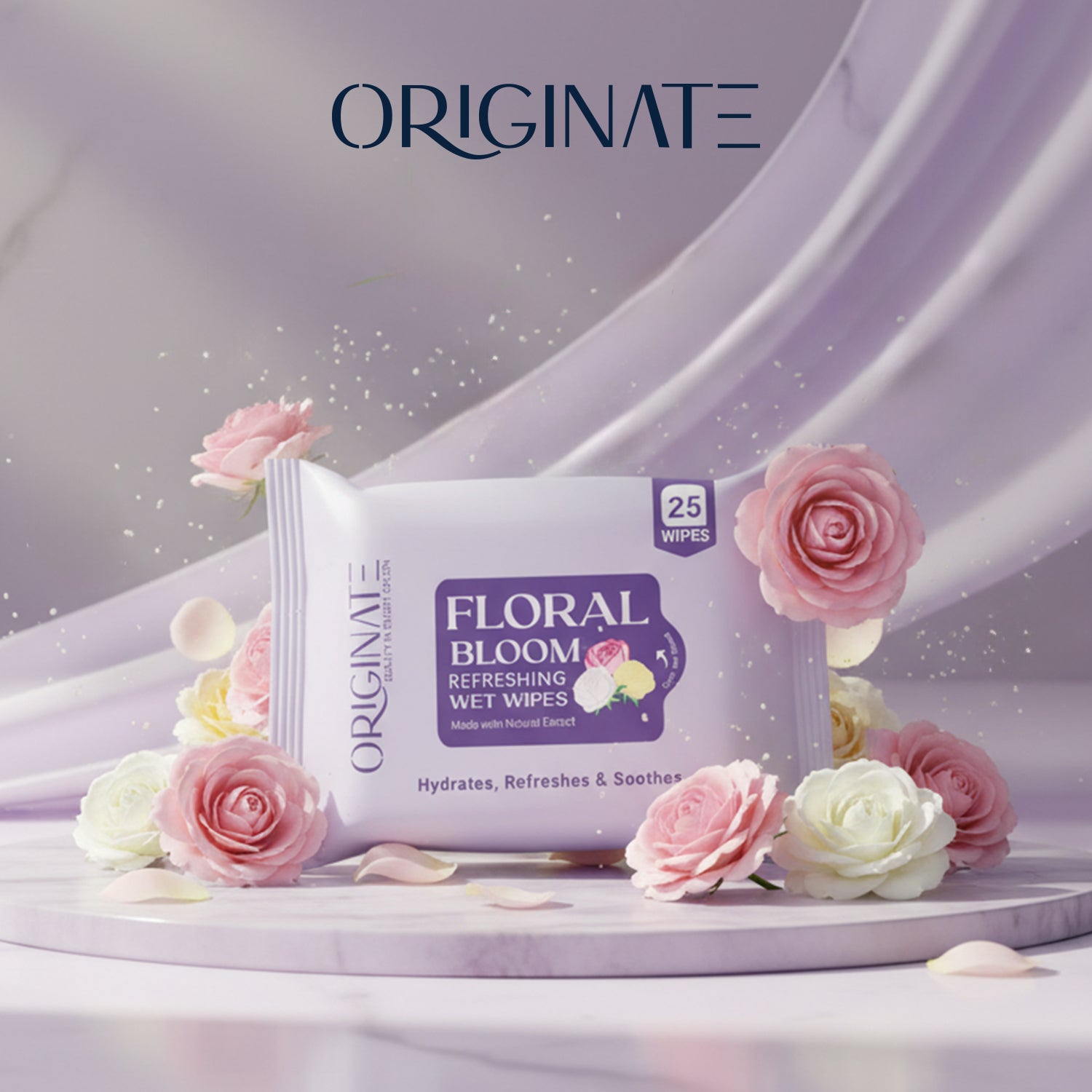 Originate floral bloom refreshing wet wipes - gentle floral facial wipes hydrates refreshes and soothes 25 wipes