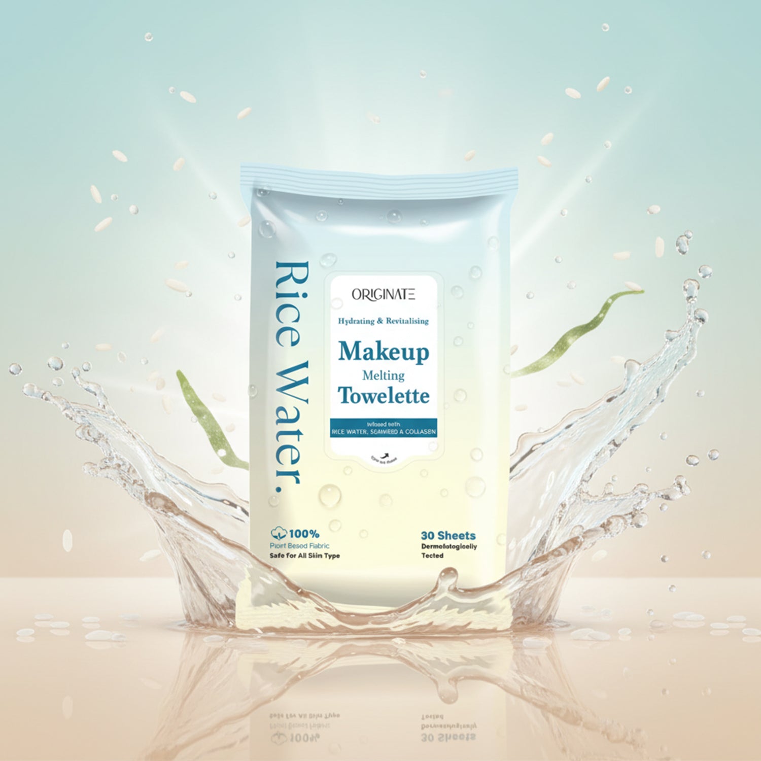 Originate rice water bright cleansing facial wipes - hydrating makeup remover towelette for all skin types 30 sheets