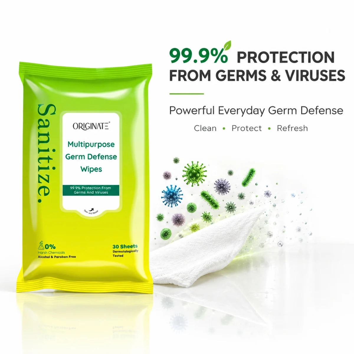 Originate Sanitizing Wipes - Multipurpose Disinfectant Sanitizer Wet Wipes for Skin & Germ Defense