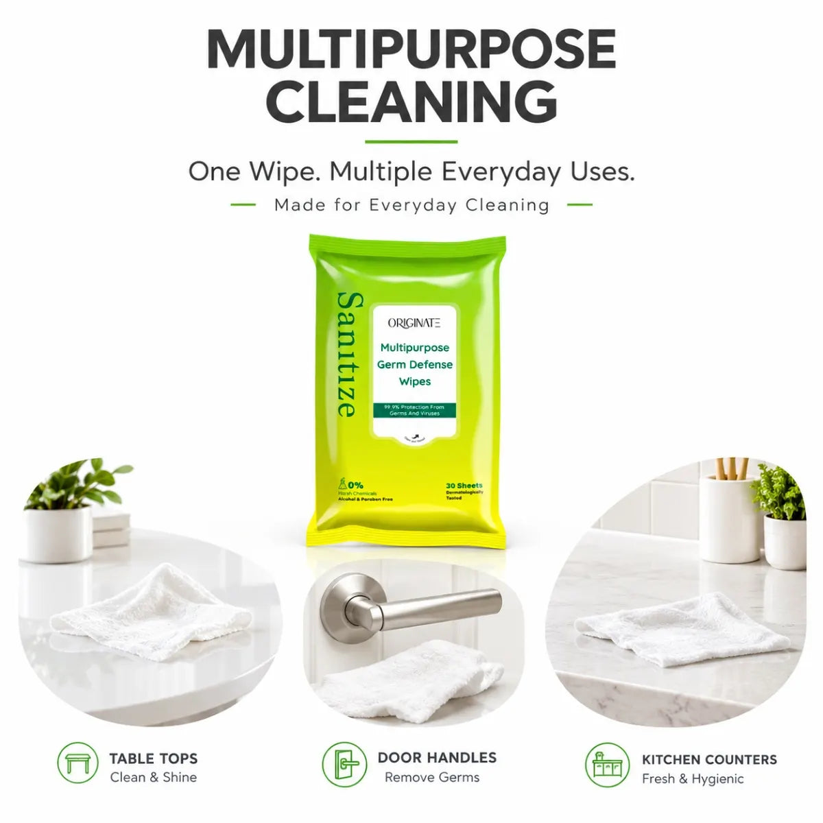 Originate Sanitizing Wipes - Multipurpose Disinfectant Sanitizer Wet Wipes for Skin & Germ Defense