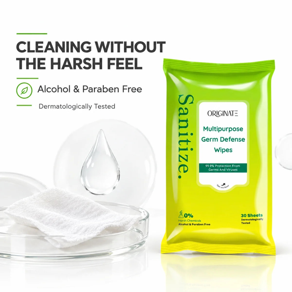Originate Sanitizing Wipes - Multipurpose Disinfectant Sanitizer Wet Wipes for Skin & Germ Defense