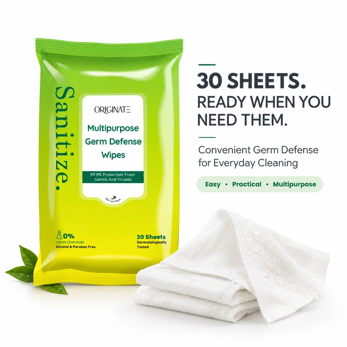 Originate Sanitizing Wipes - Multipurpose Disinfectant Sanitizer Wet Wipes for Skin & Germ Defense